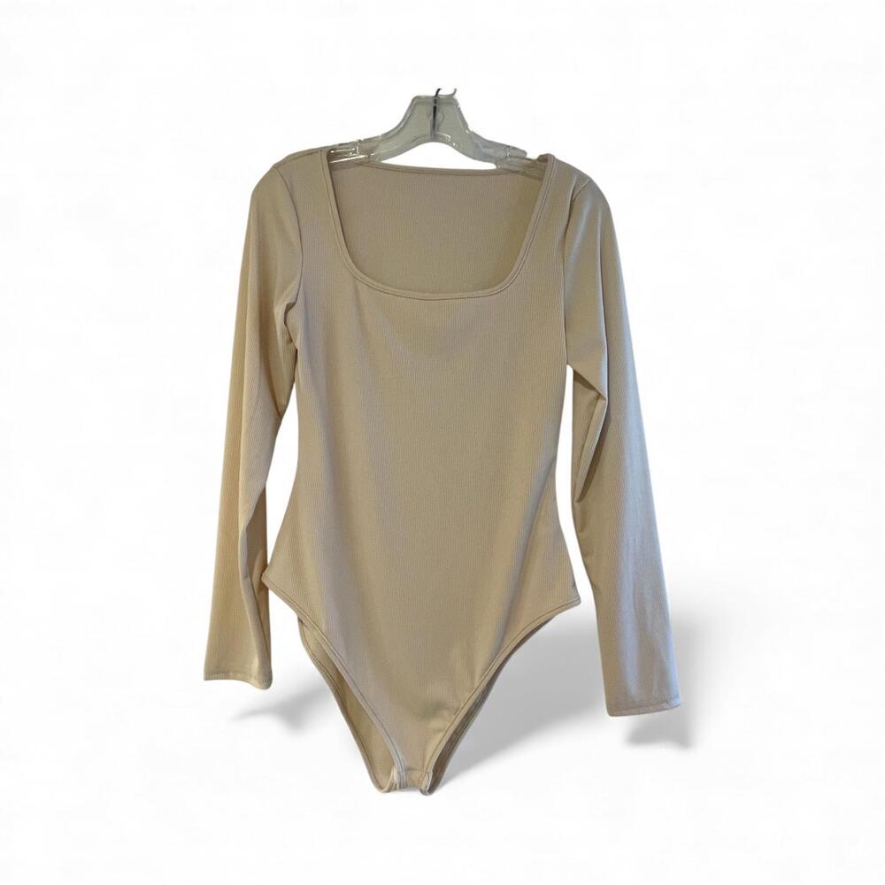 Beige Long Sleeve Women's Bodysuit Square‎ Neck Minimalist Sexy Size L
